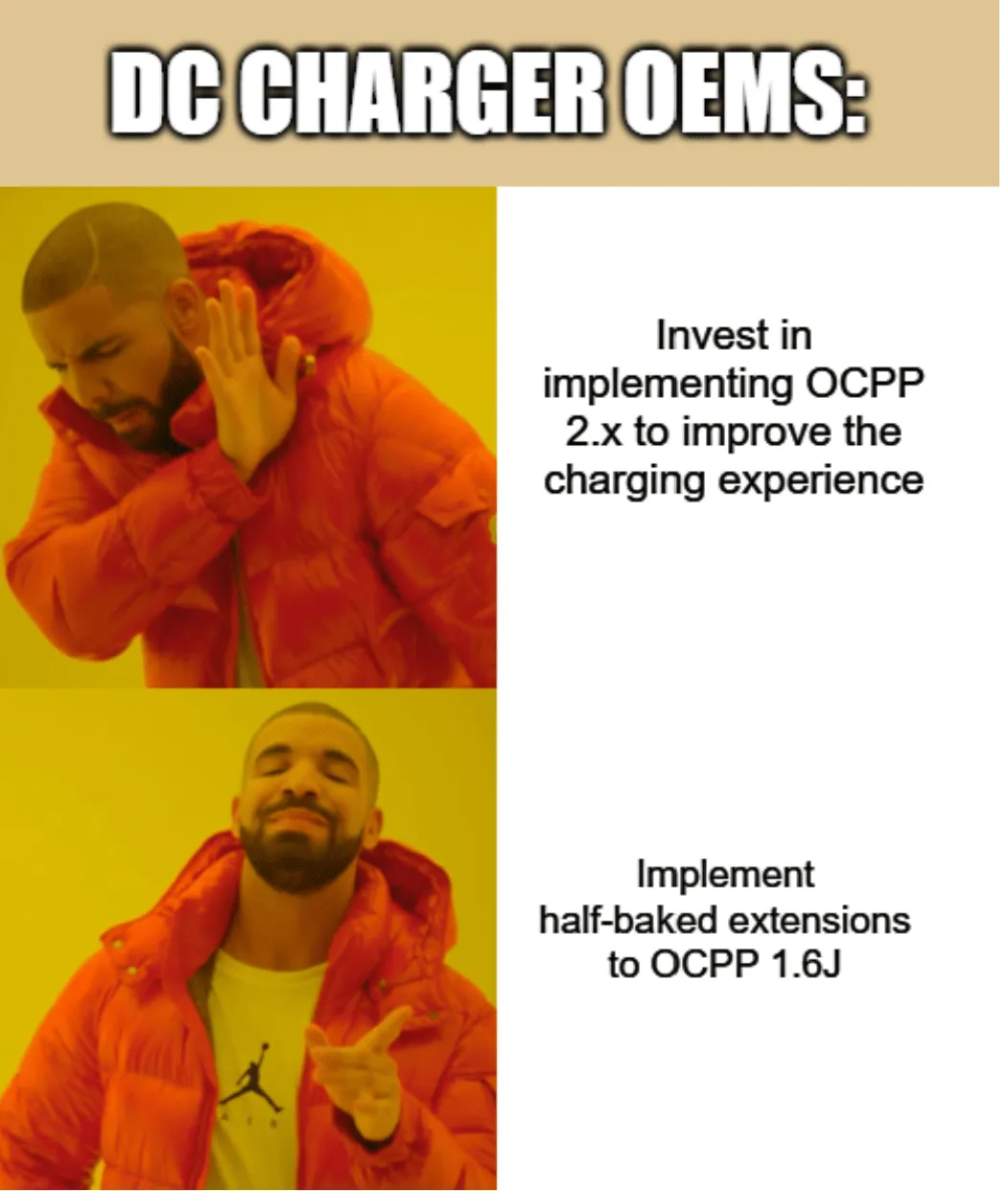 Meme about OCPP 1.6 vs OCPP 2.0.1 adoption